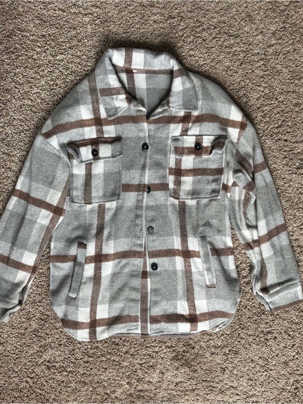 Plaid Button-Up Shacket in Gray and Brown